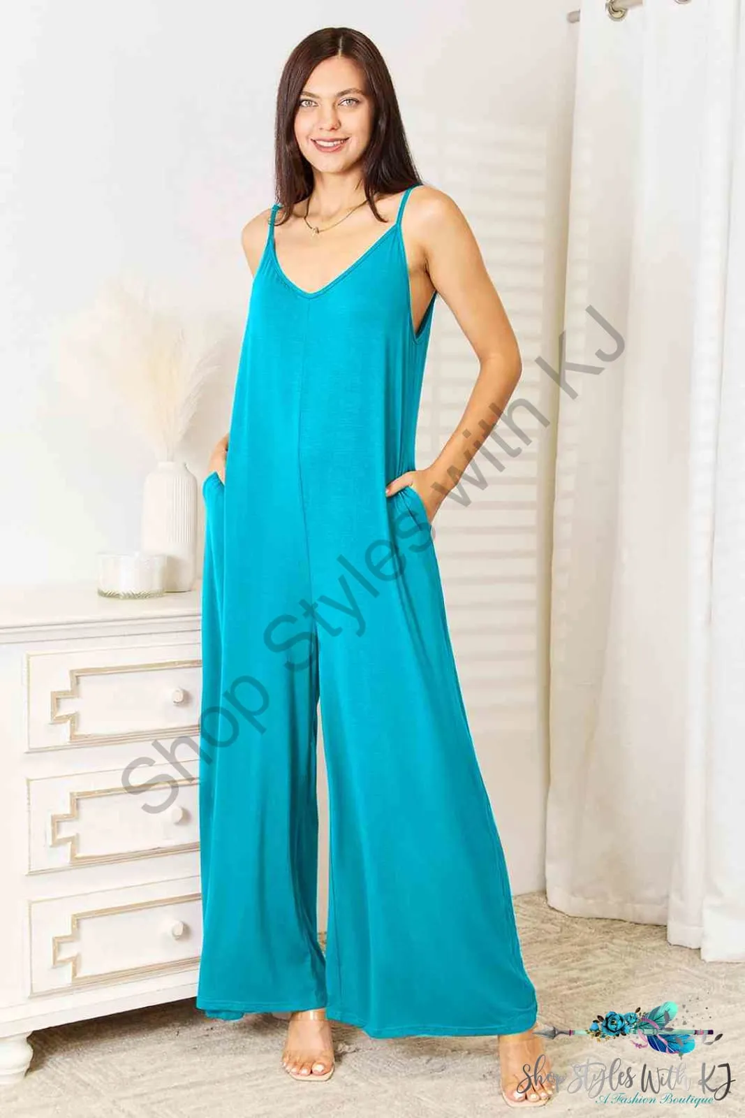 Soft Rayon Spaghetti Strap Tied Wide Leg Jumpsuit