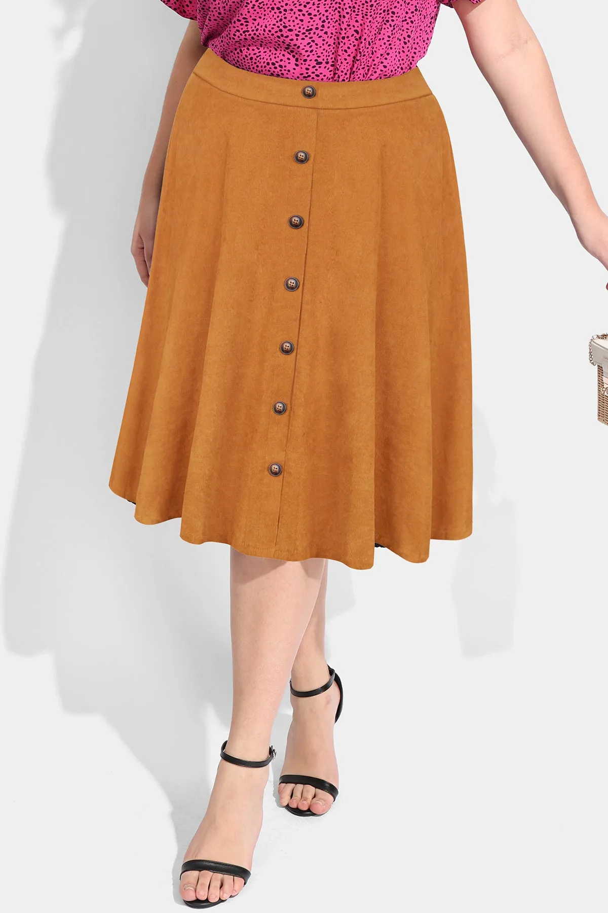 Solid Button Detail Zipper Rise Waist Midi Skirt