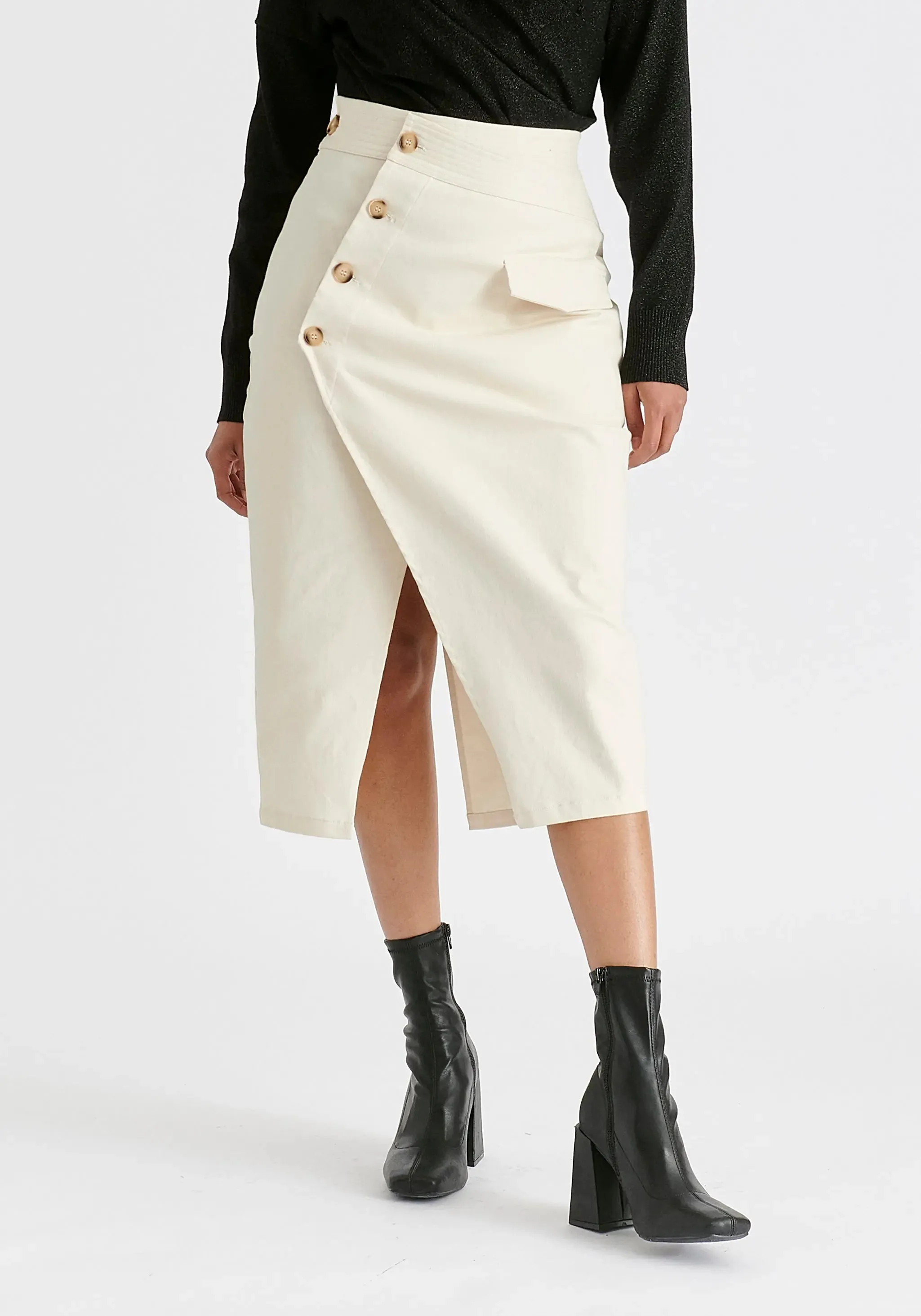 Tan Asymmetric Midi Skirt With Button Details