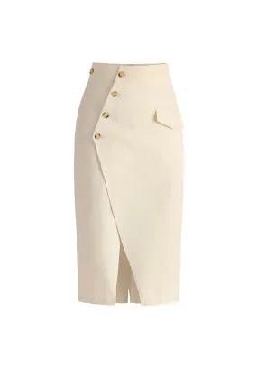 Tan Asymmetric Midi Skirt With Button Details
