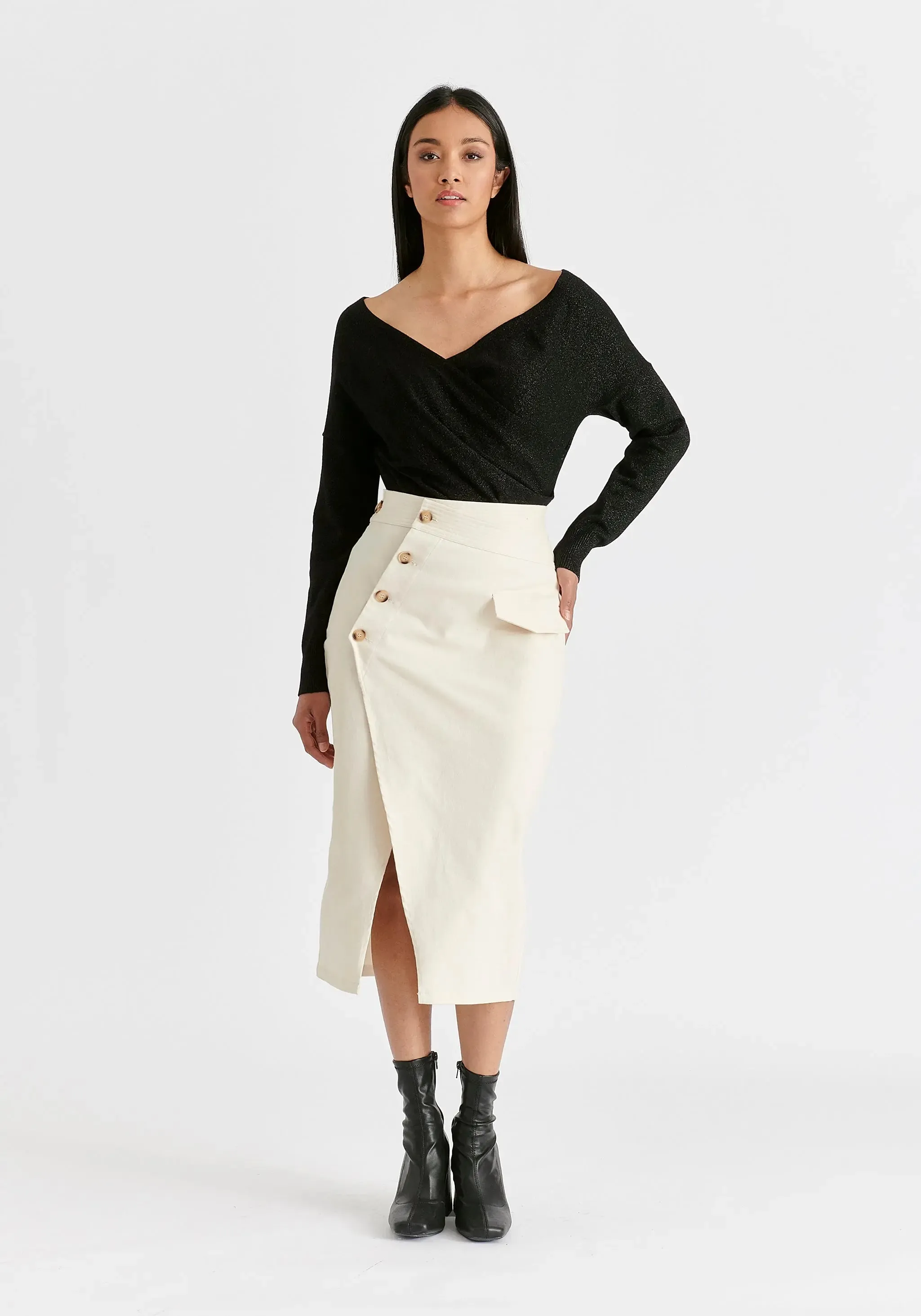 Tan Asymmetric Midi Skirt With Button Details