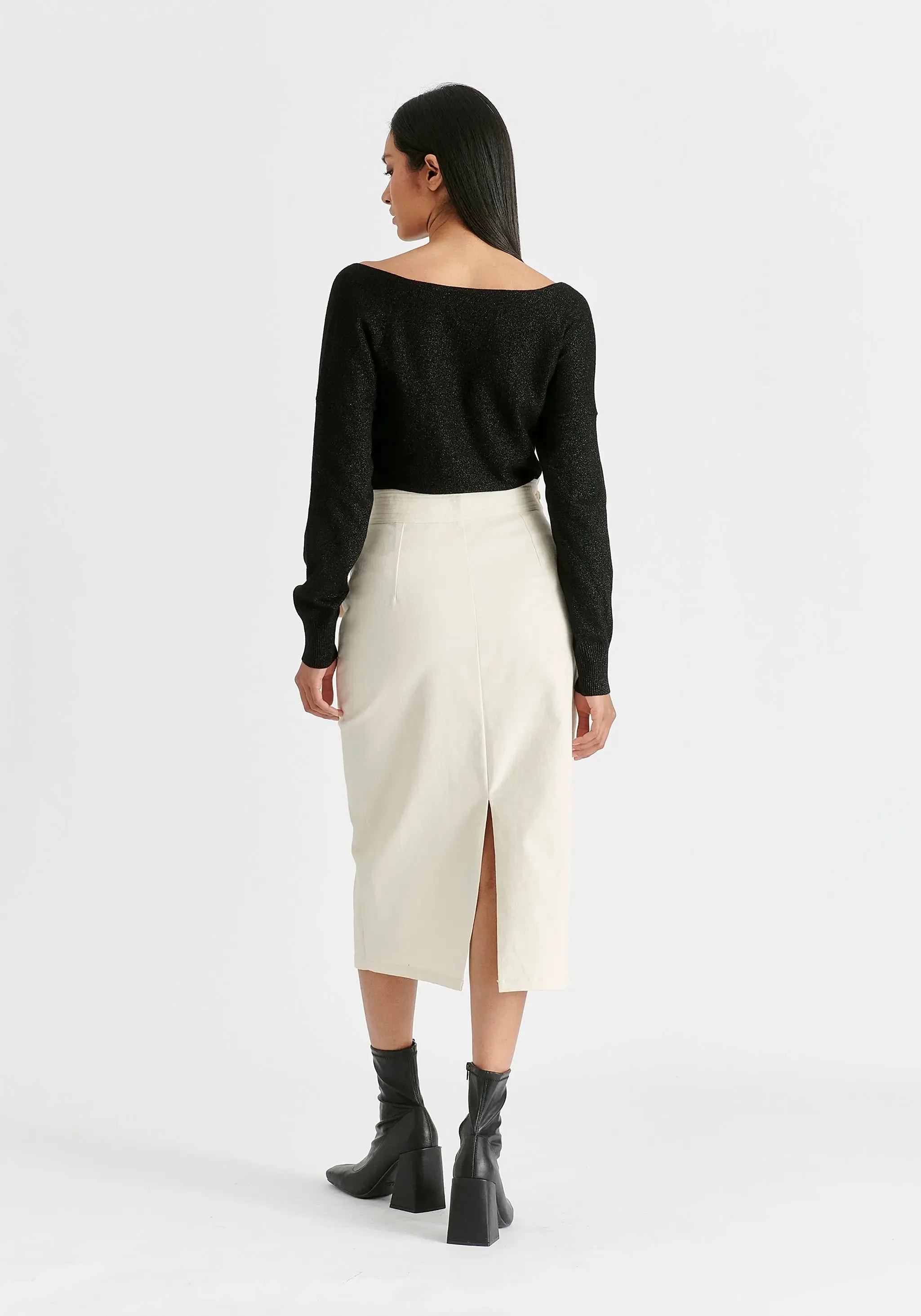Tan Asymmetric Midi Skirt With Button Details