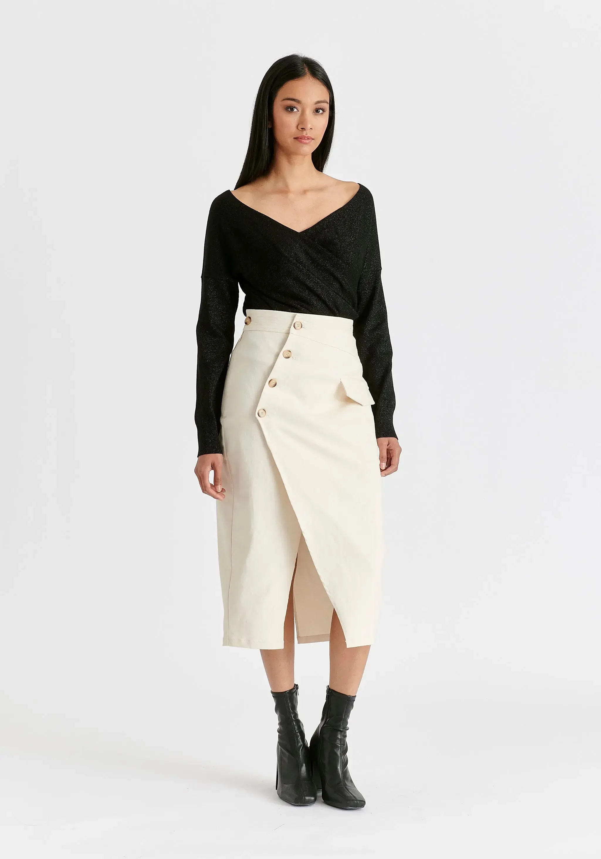 Tan Asymmetric Midi Skirt With Button Details
