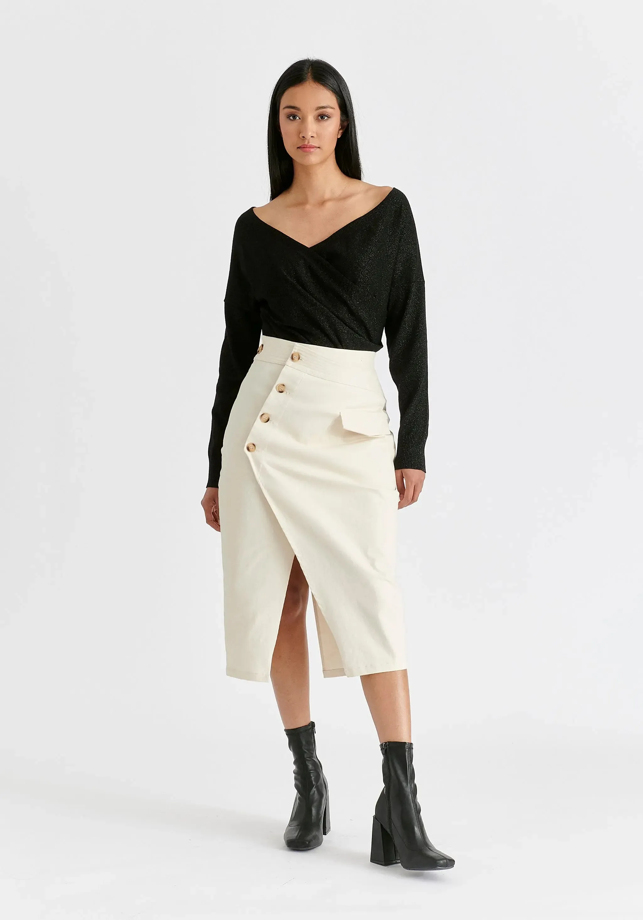 Tan Asymmetric Midi Skirt With Button Details