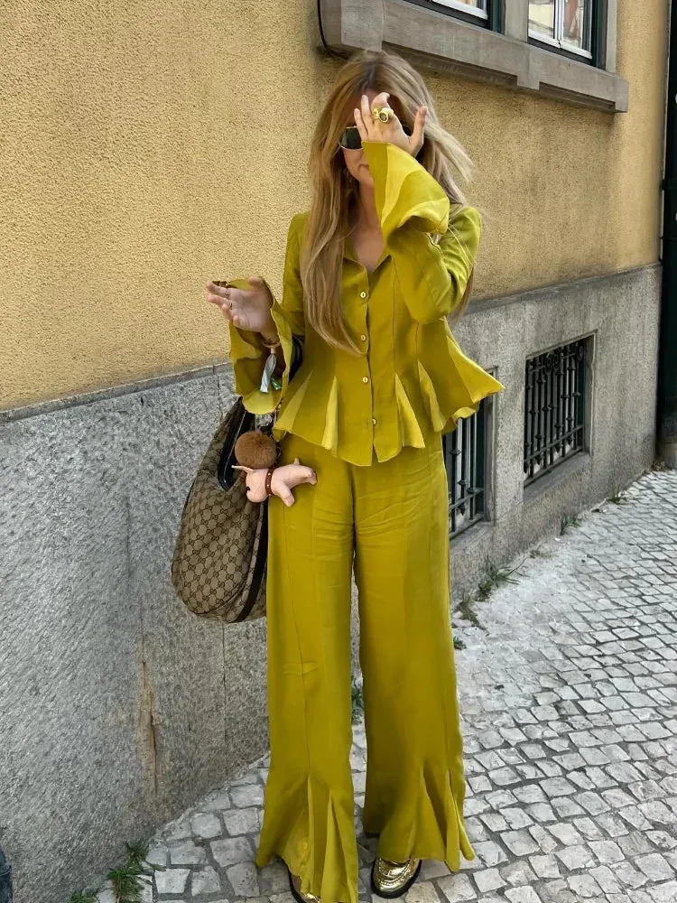TAVIMART  -  Elegant Satin Straight Flared Pants Suit Women Fashion Lapel Long Sleeves Buttons Ruffles Shirt Sets Summer Lady Street Outfits