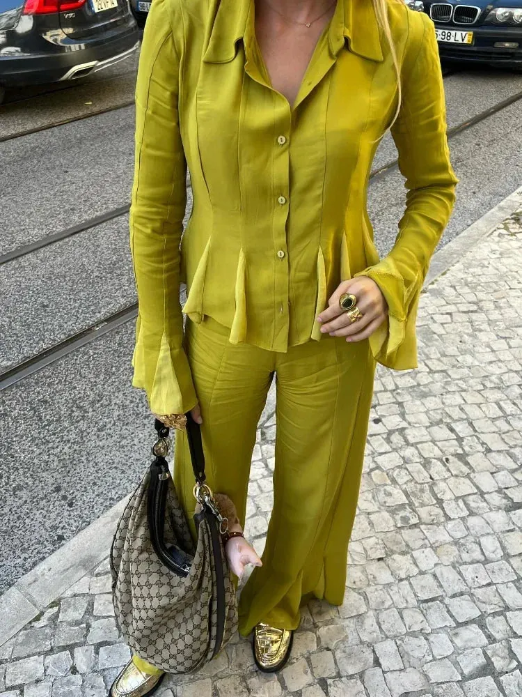 TAVIMART  -  Elegant Satin Straight Flared Pants Suit Women Fashion Lapel Long Sleeves Buttons Ruffles Shirt Sets Summer Lady Street Outfits