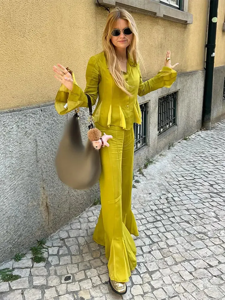 TAVIMART  -  Elegant Satin Straight Flared Pants Suit Women Fashion Lapel Long Sleeves Buttons Ruffles Shirt Sets Summer Lady Street Outfits