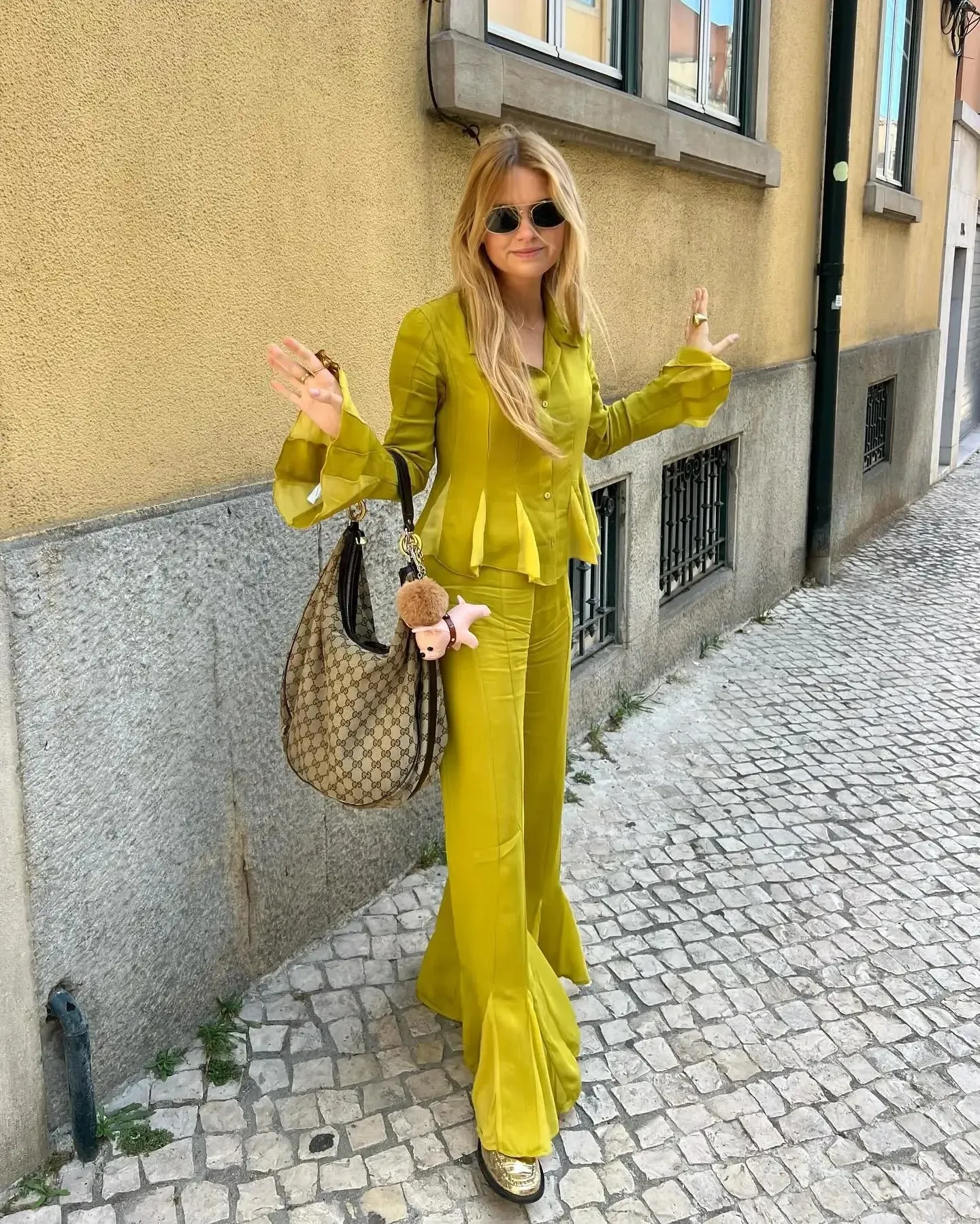 TAVIMART  -  Elegant Satin Straight Flared Pants Suit Women Fashion Lapel Long Sleeves Buttons Ruffles Shirt Sets Summer Lady Street Outfits