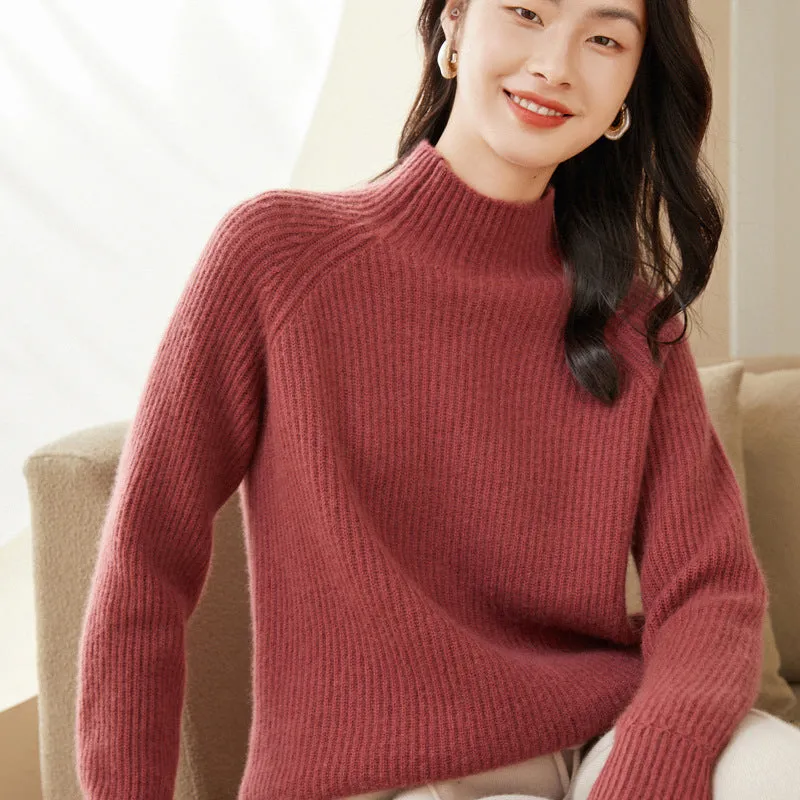 Thick Half Turtleneck Simple Raglan Sleeves Loose Pullover Cashmere Sweater
