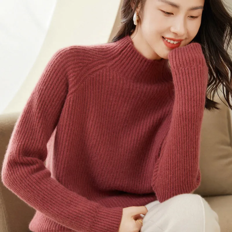 Thick Half Turtleneck Simple Raglan Sleeves Loose Pullover Cashmere Sweater
