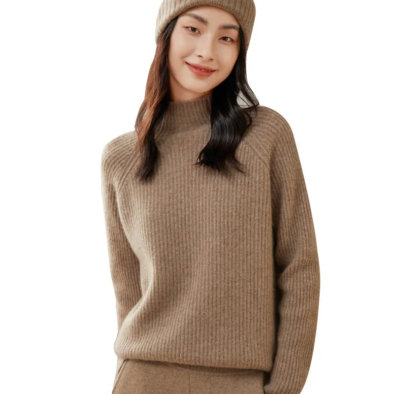 Thick Half Turtleneck Simple Raglan Sleeves Loose Pullover Cashmere Sweater