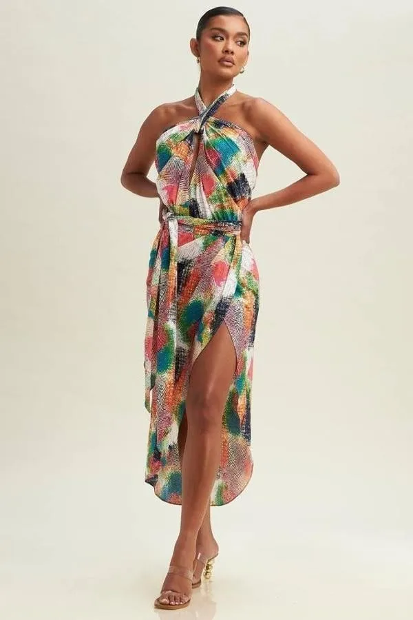 Tropical Halter Wrap Dress