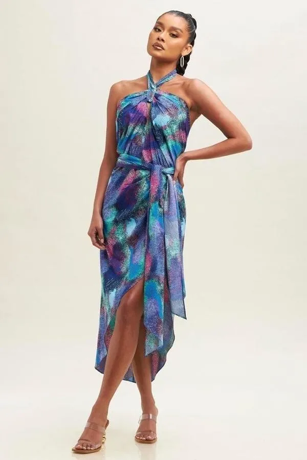 Tropical Halter Wrap Dress