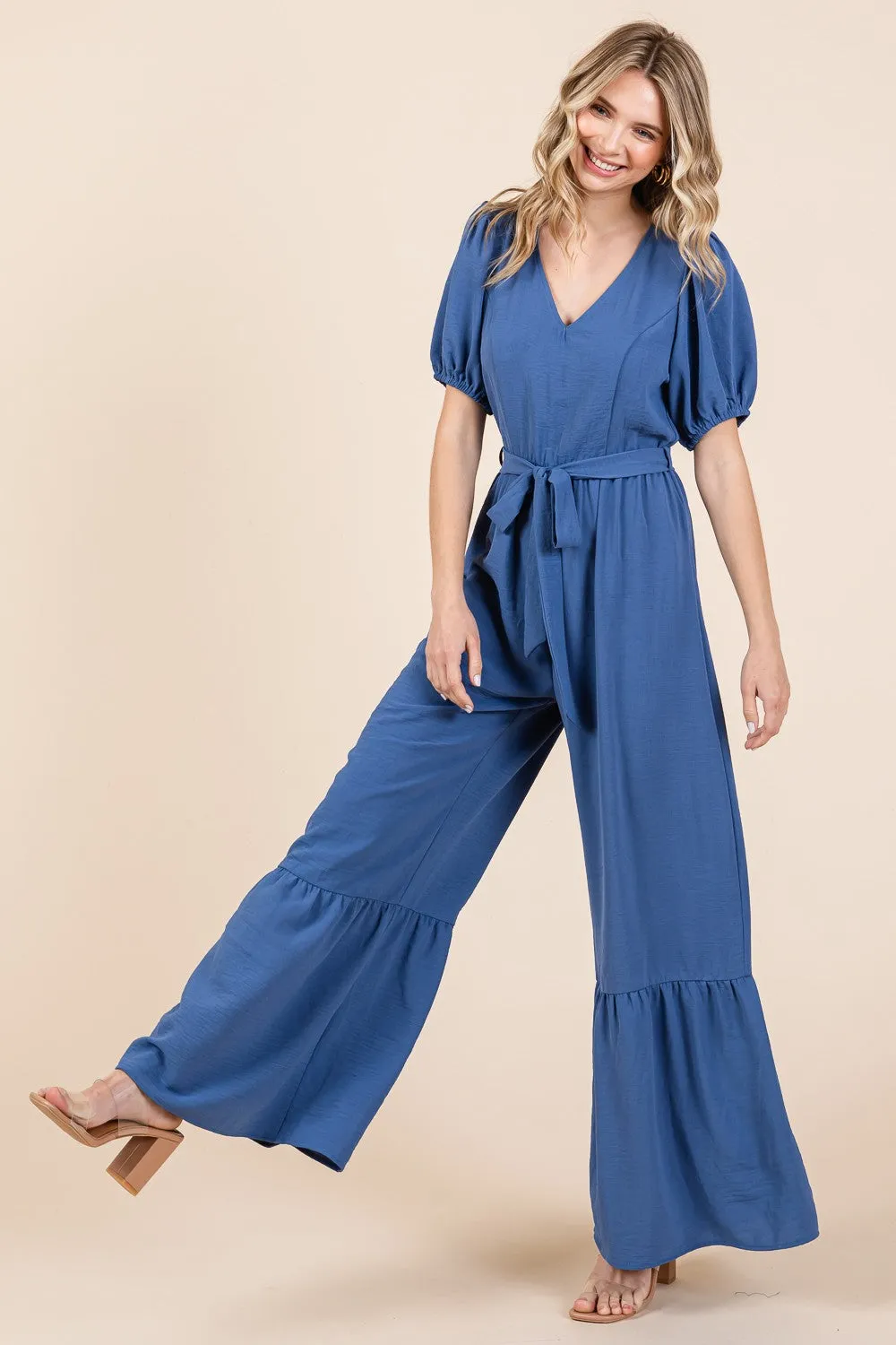 V-Neck Belted Wide Leg Jumpsuit