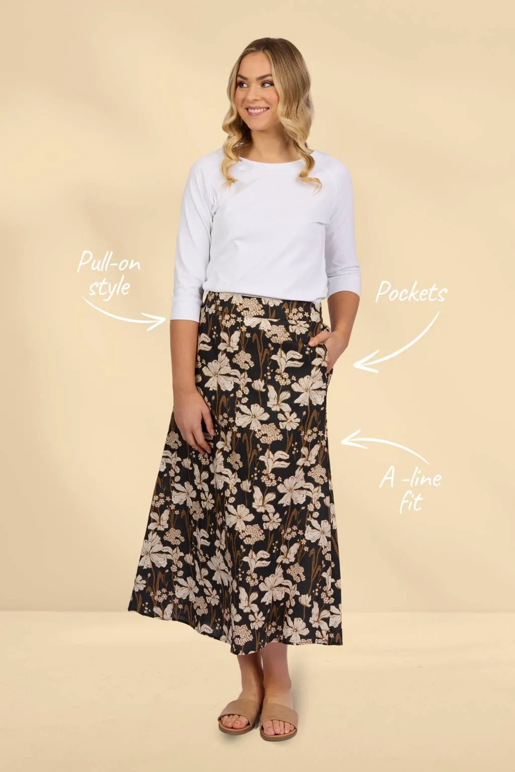 Vassalli Pull On Long Skirt with Elastic Waistband Roma