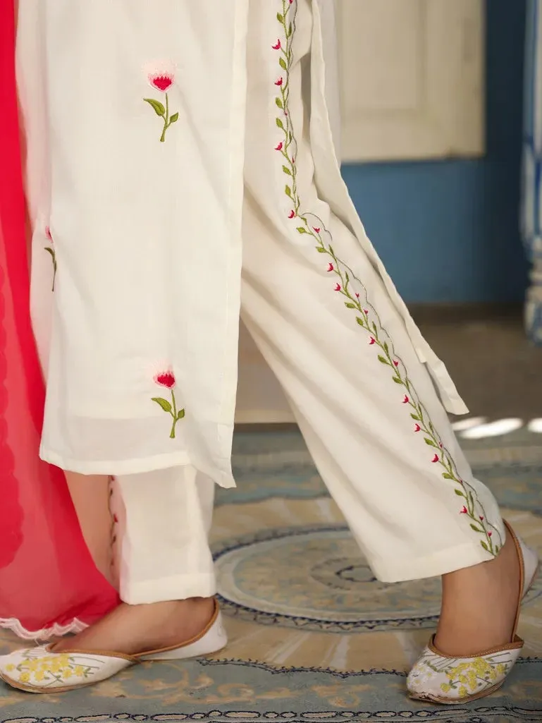 White & Red Cotton Embroidered Suit Set with Tie Dye Organza Dupatta