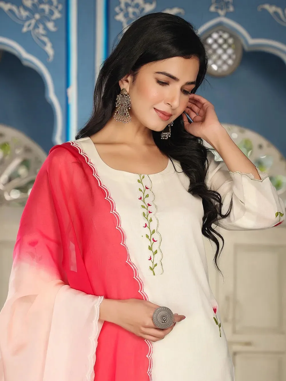 White & Red Cotton Embroidered Suit Set with Tie Dye Organza Dupatta