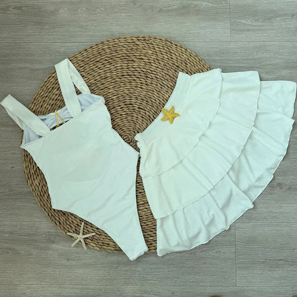 White Cutout One Piece Swimsuit with Playful Skirt
