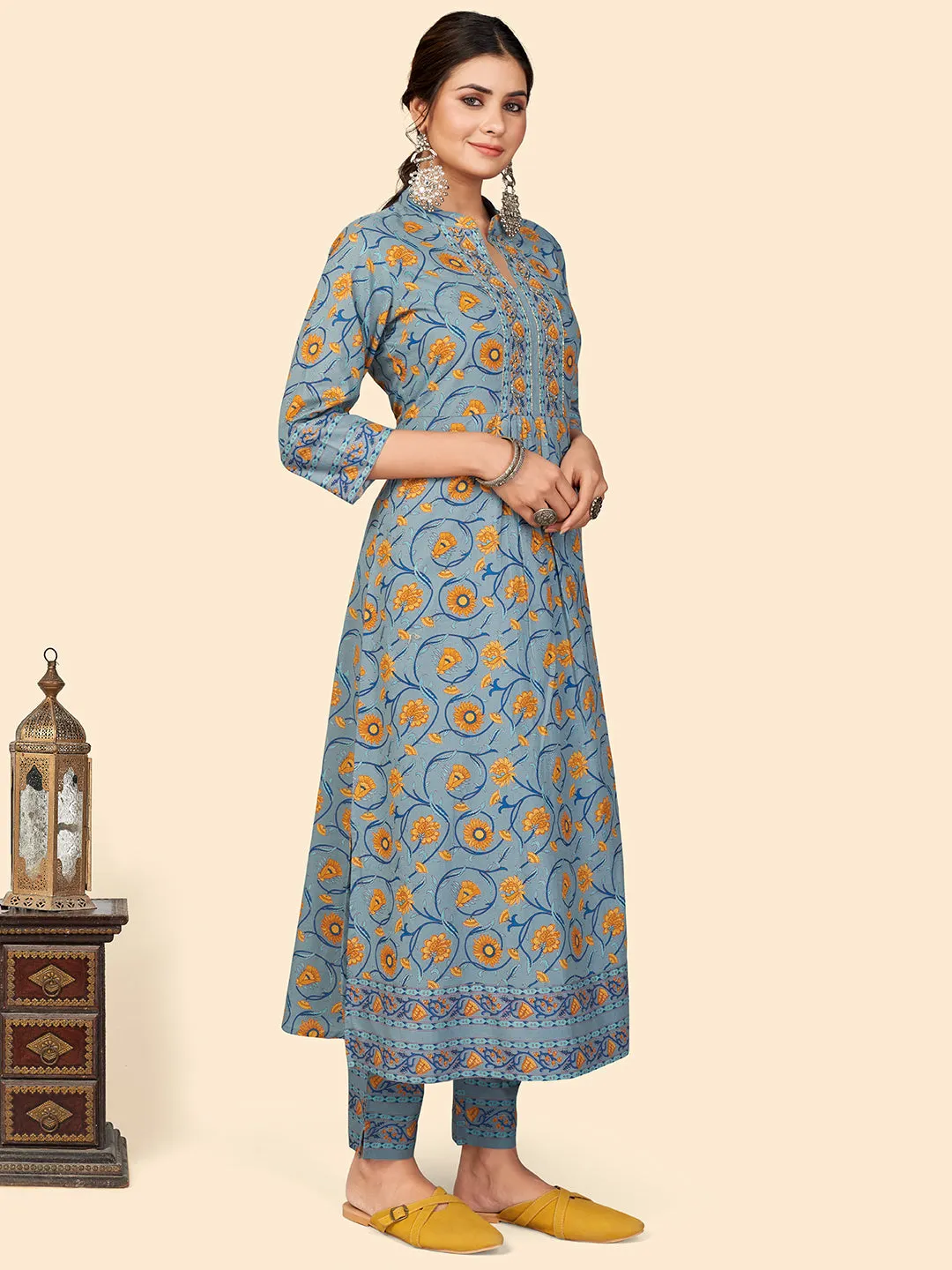 Women Teal Blue Cotton Kurta With Pant & Dupatta (3Pcs Set)