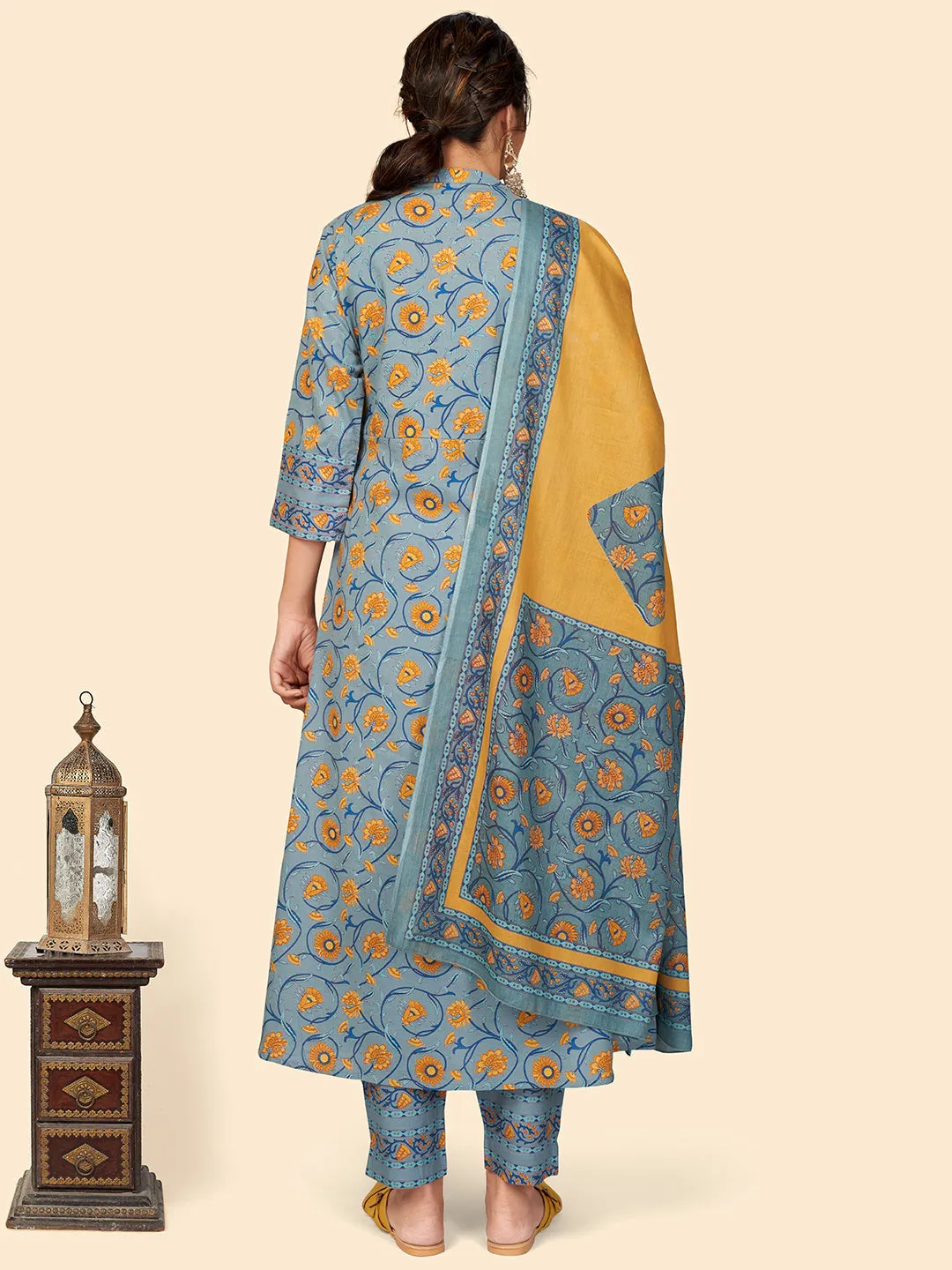 Women Teal Blue Cotton Kurta With Pant & Dupatta (3Pcs Set)
