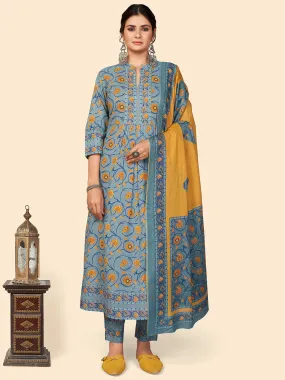 Women Teal Blue Cotton Kurta With Pant & Dupatta (3Pcs Set)