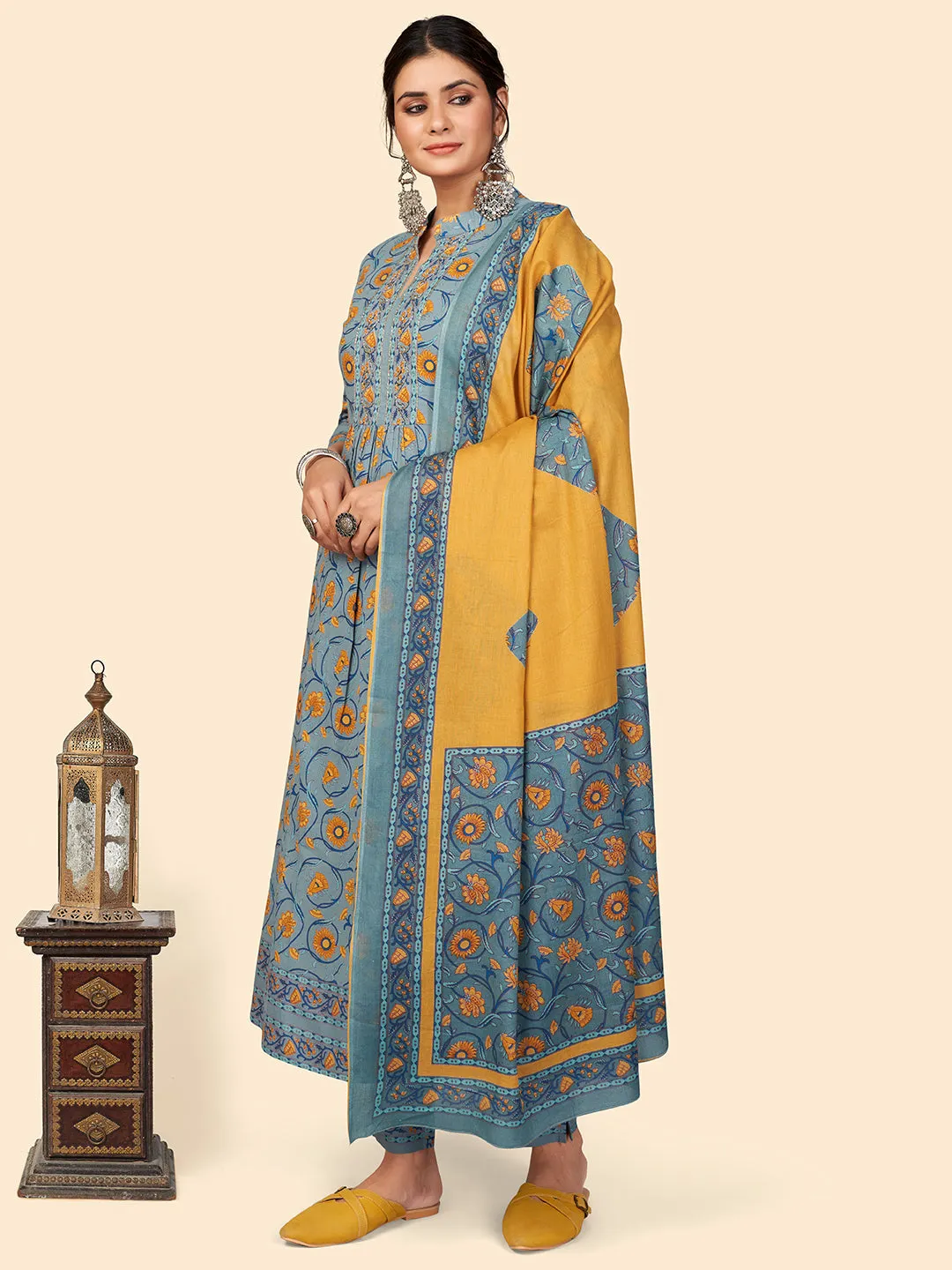 Women Teal Blue Cotton Kurta With Pant & Dupatta (3Pcs Set)