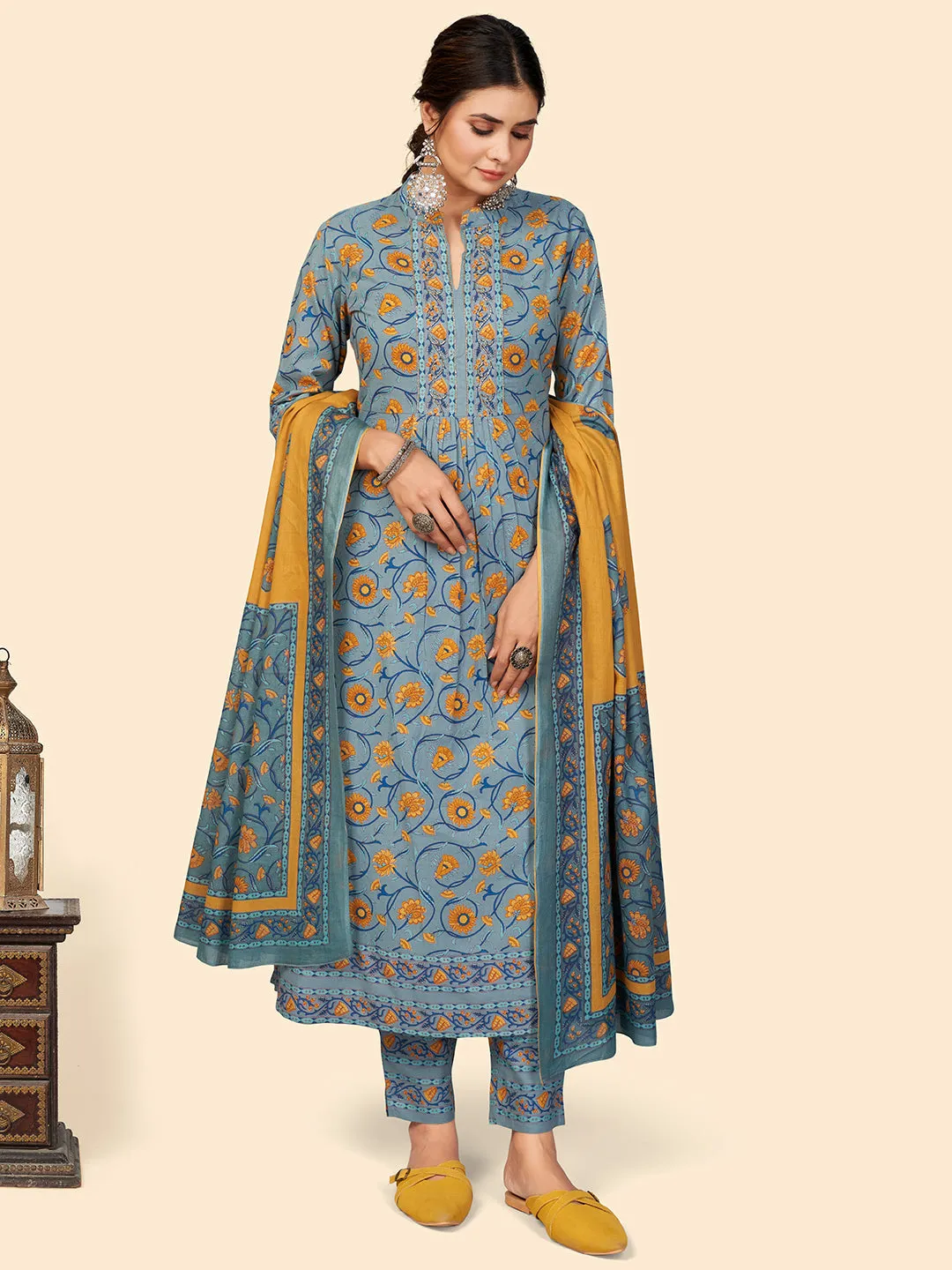 Women Teal Blue Cotton Kurta With Pant & Dupatta (3Pcs Set)