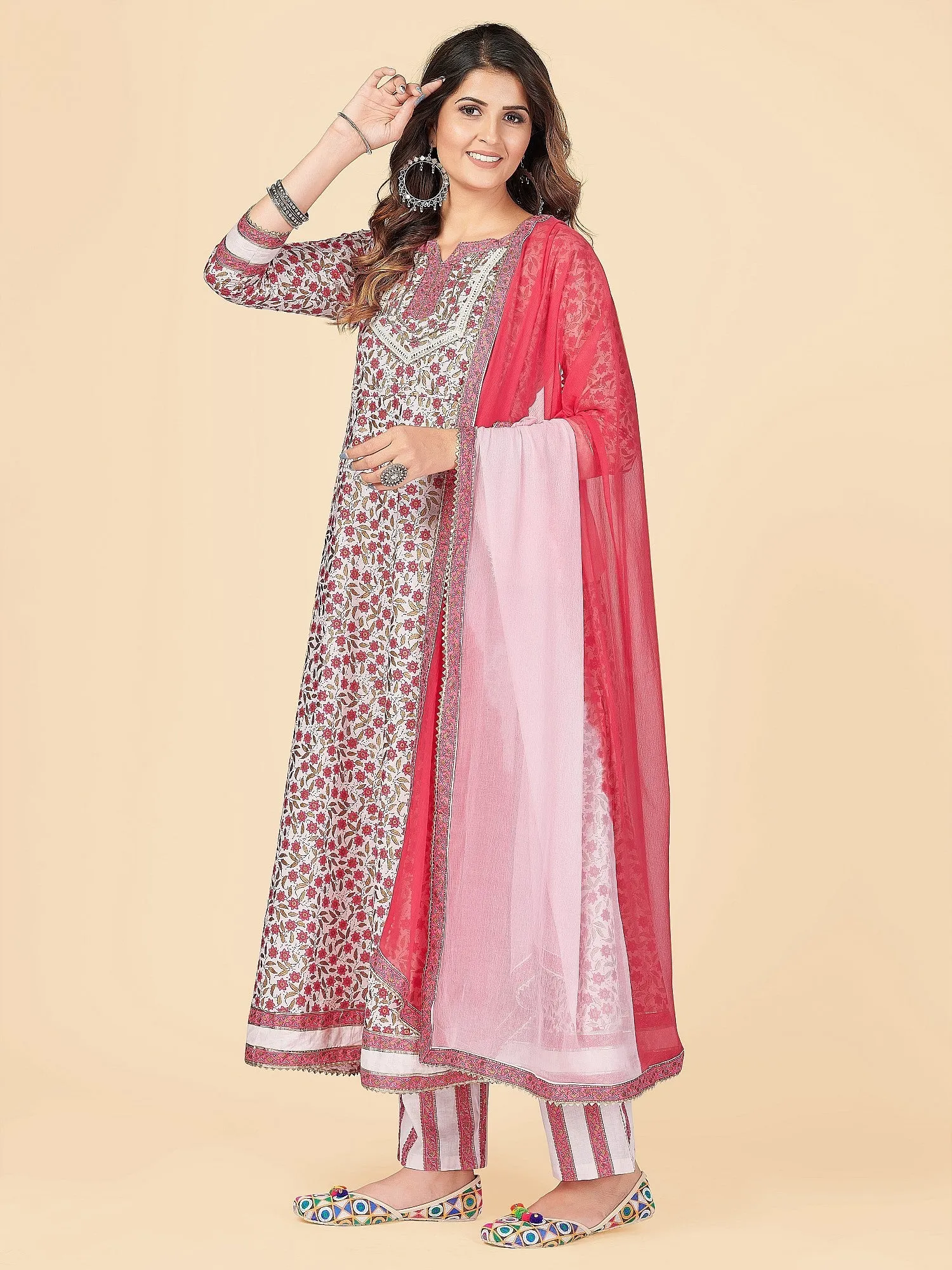 Women'S Pink Anarkali Kurta & Pant With Dupatta Set- (3Pcs Set)