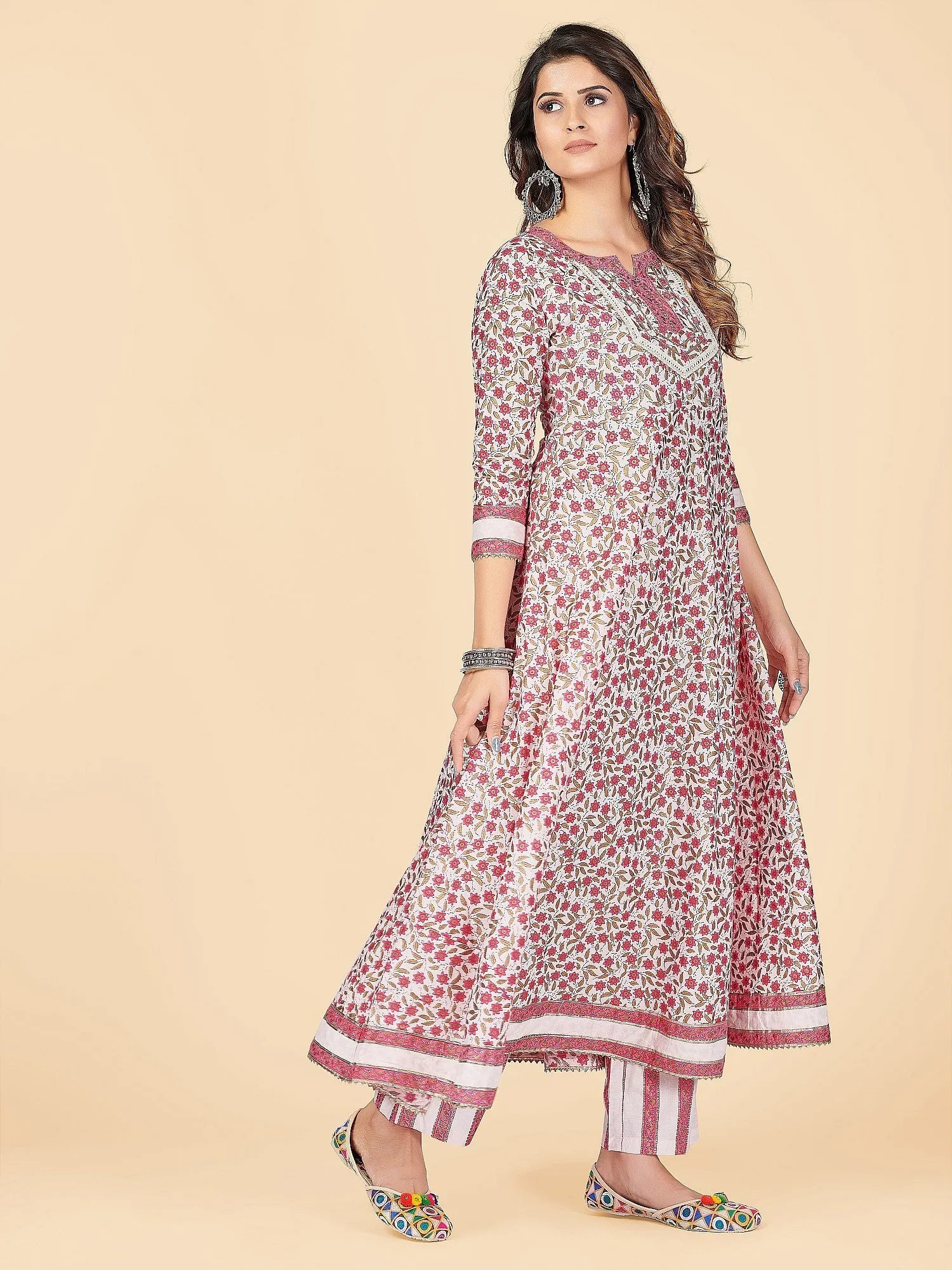 Women'S Pink Anarkali Kurta & Pant With Dupatta Set- (3Pcs Set)