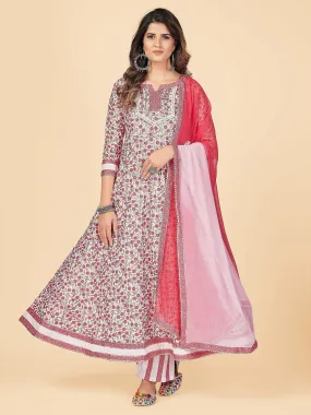 Women'S Pink Anarkali Kurta & Pant With Dupatta Set- (3Pcs Set)