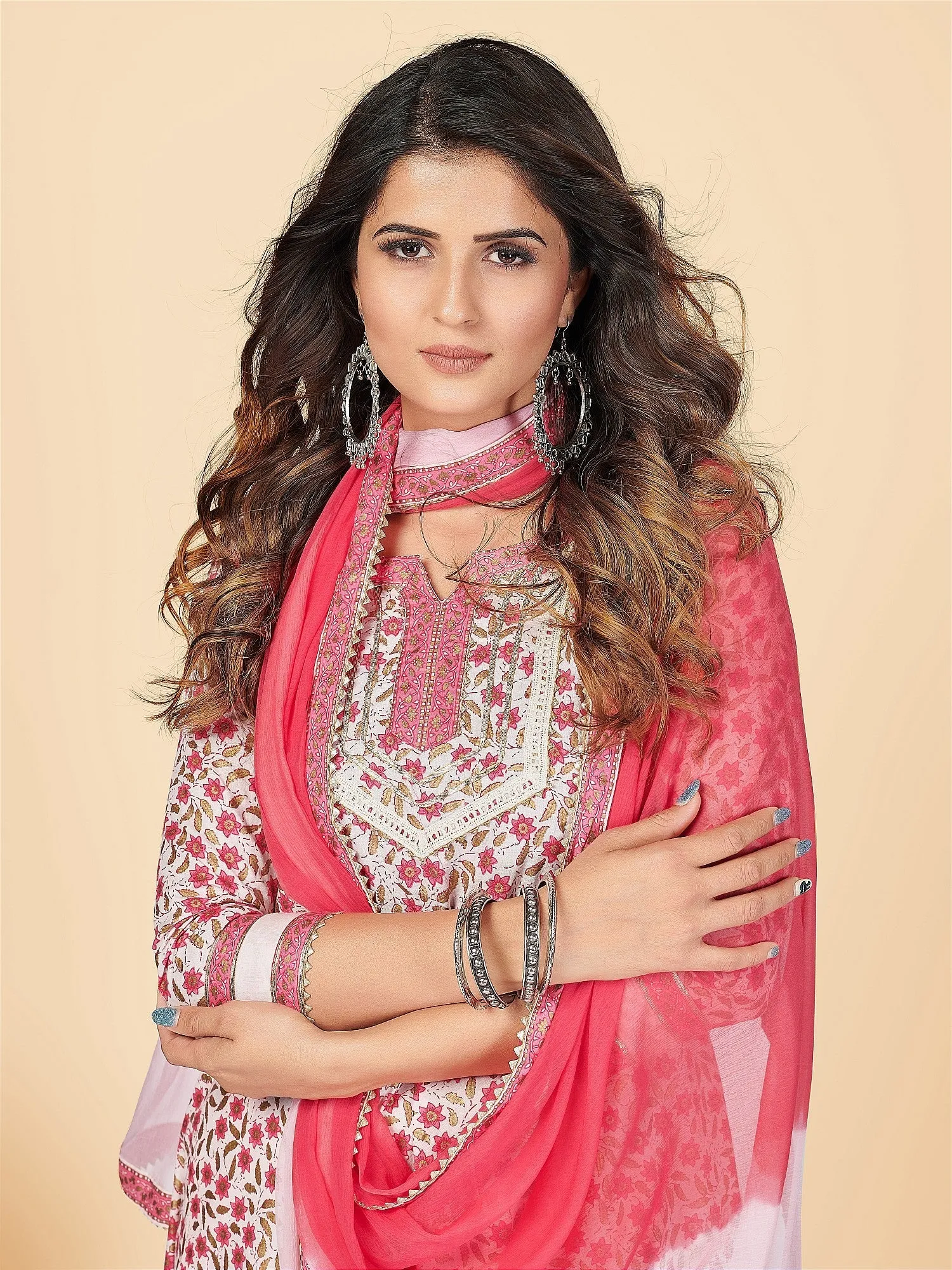 Women'S Pink Anarkali Kurta & Pant With Dupatta Set- (3Pcs Set)