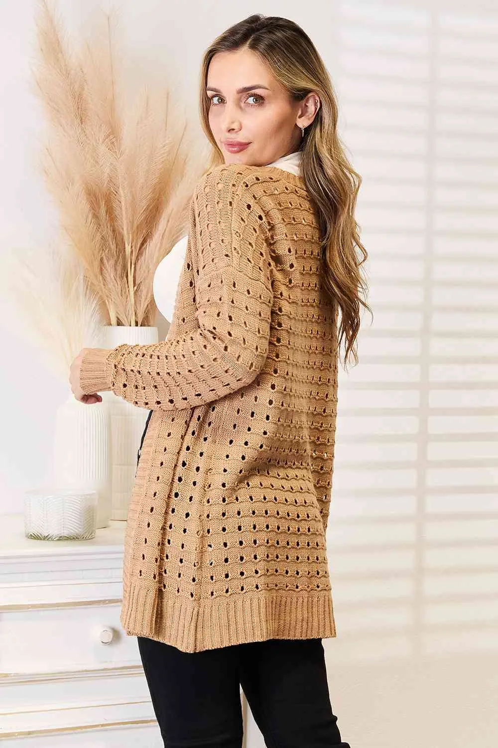 Woven Right Openwork Horizontal Ribbing Open Front Cardigan (BFD) T
