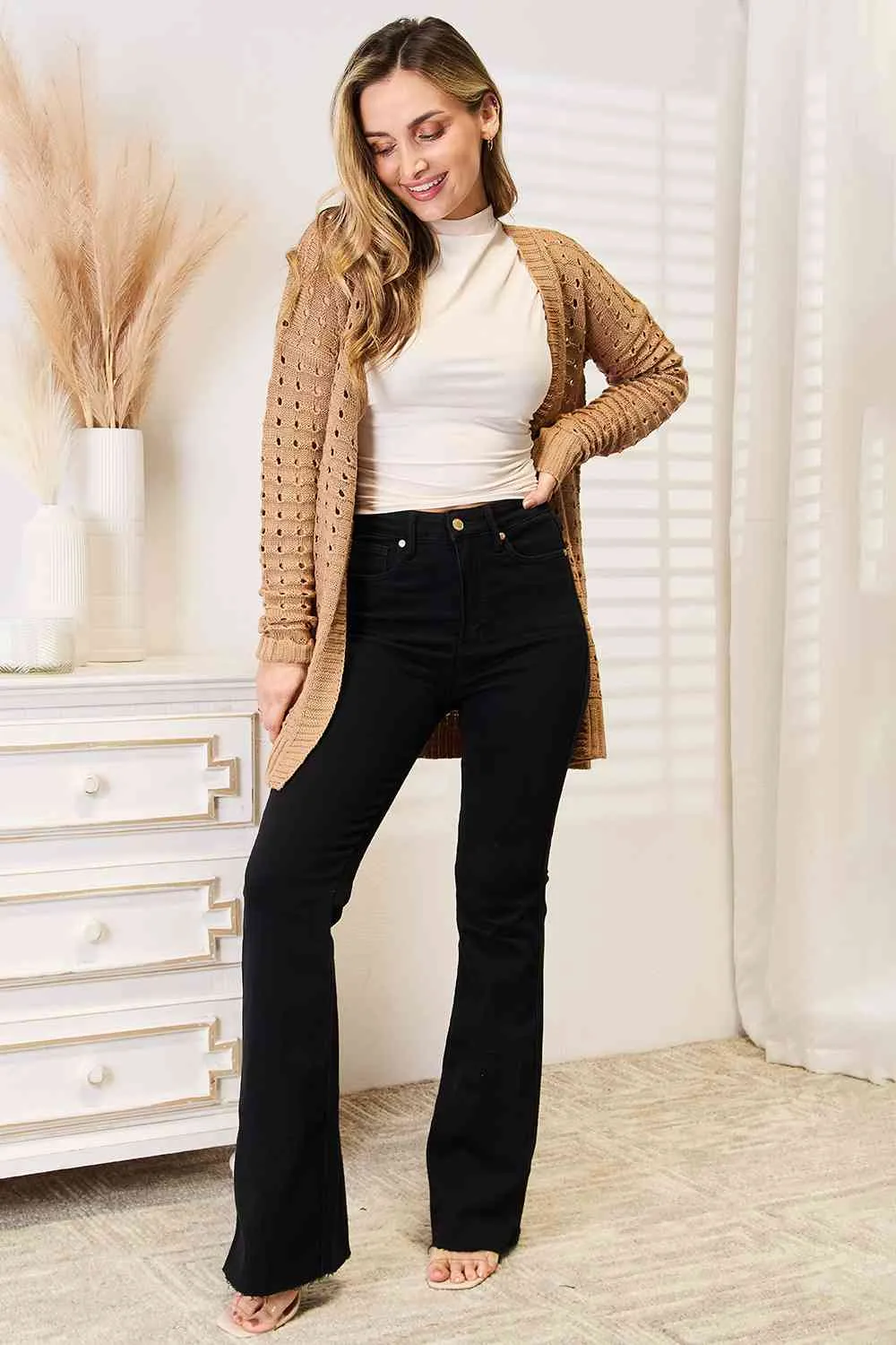 Woven Right Openwork Horizontal Ribbing Open Front Cardigan (BFD) T