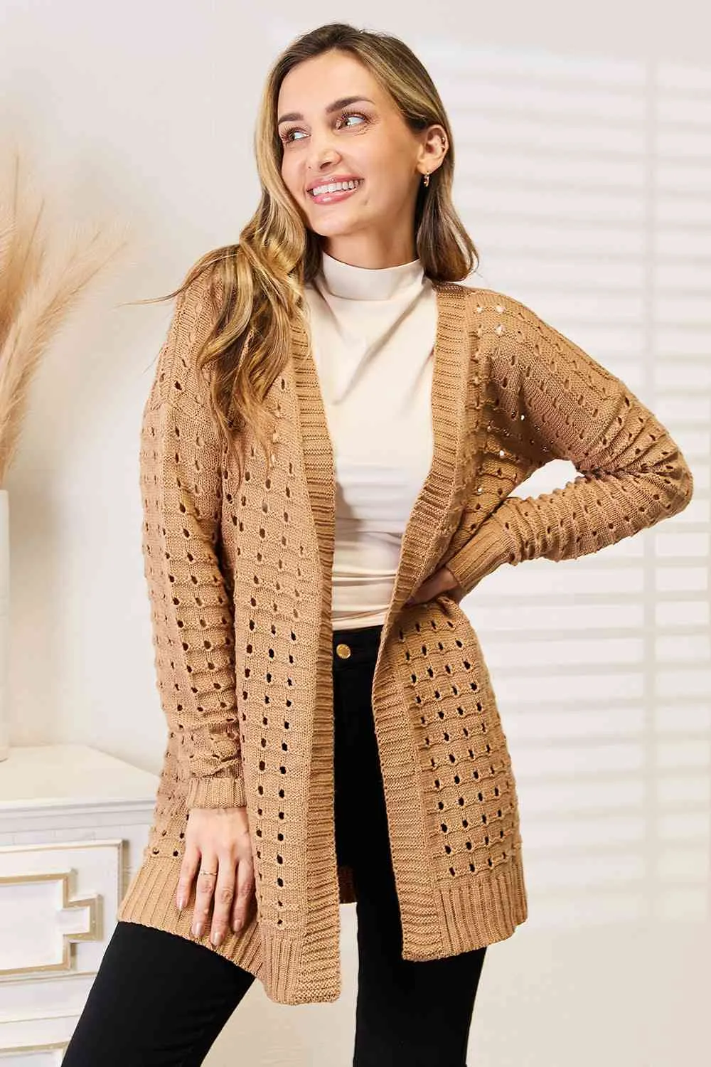 Woven Right Openwork Horizontal Ribbing Open Front Cardigan (BFD) T