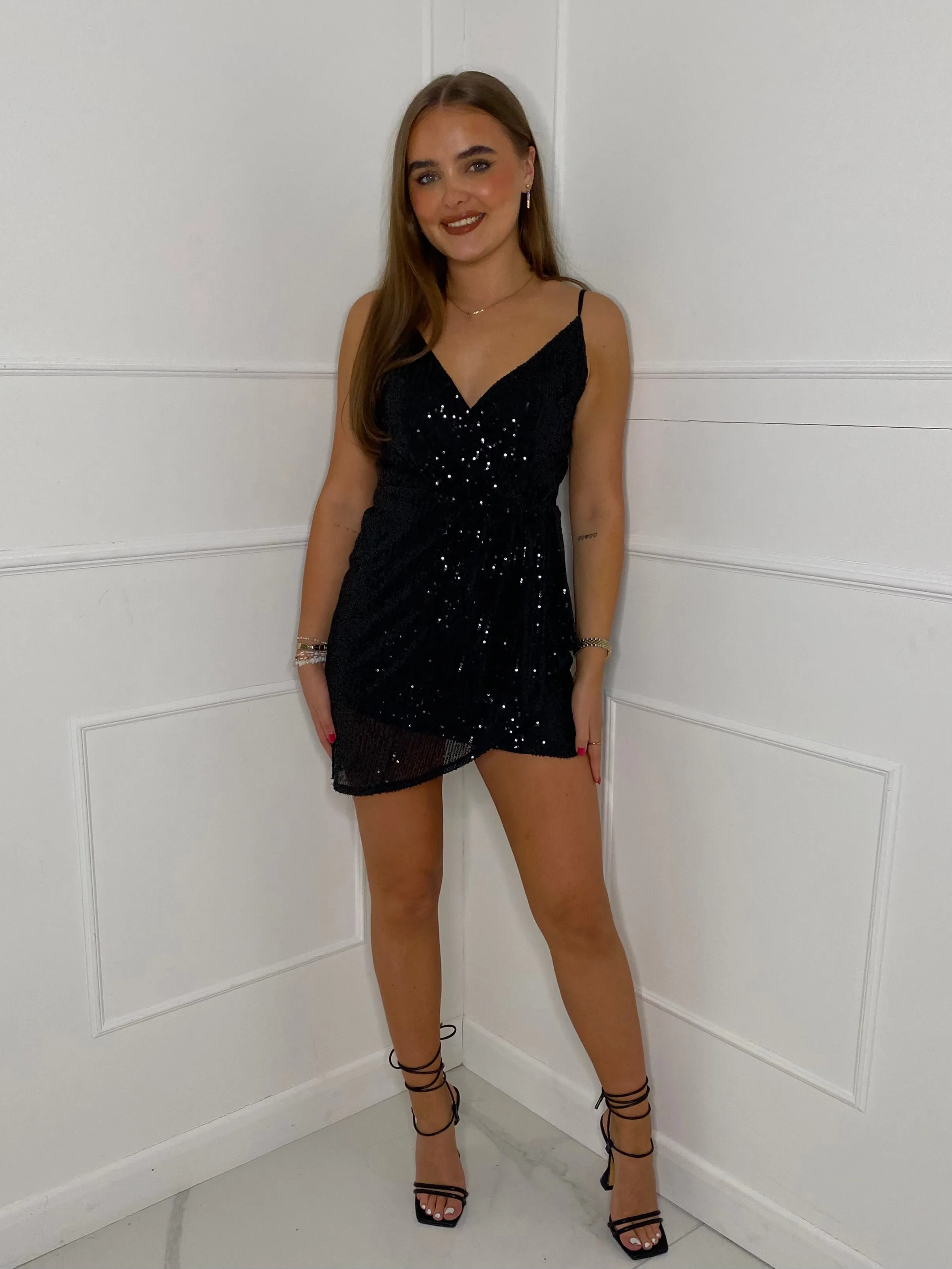 Wrap Front Sequin Dress - Black